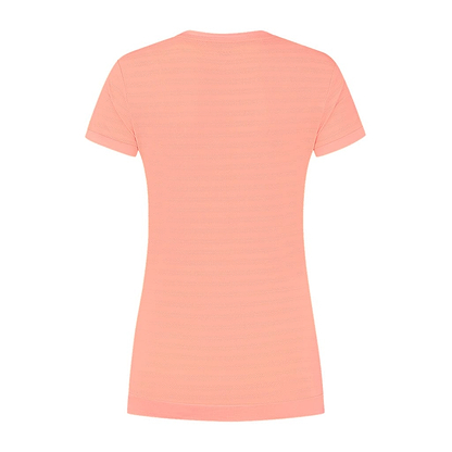 Back view of the K-Swiss Tac Hypercourt Women's V-Neck Badminton Top in a light peach hue called Desert Flower, featuring short sleeves ideal for women seeking stylish and slimming sportswear. Its straightforward design enhances an active lifestyle, echoing the functional elegance characteristic of K-Swiss Hypercourt attire.