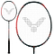 The Victor Thruster Ryuga Metallic C 4U Badminton Racket by Victor features a black handle, red accents, and a "V" inside a circle design on its strings. The image shows a close-up of the sleek metallic carbon fiber racket head.