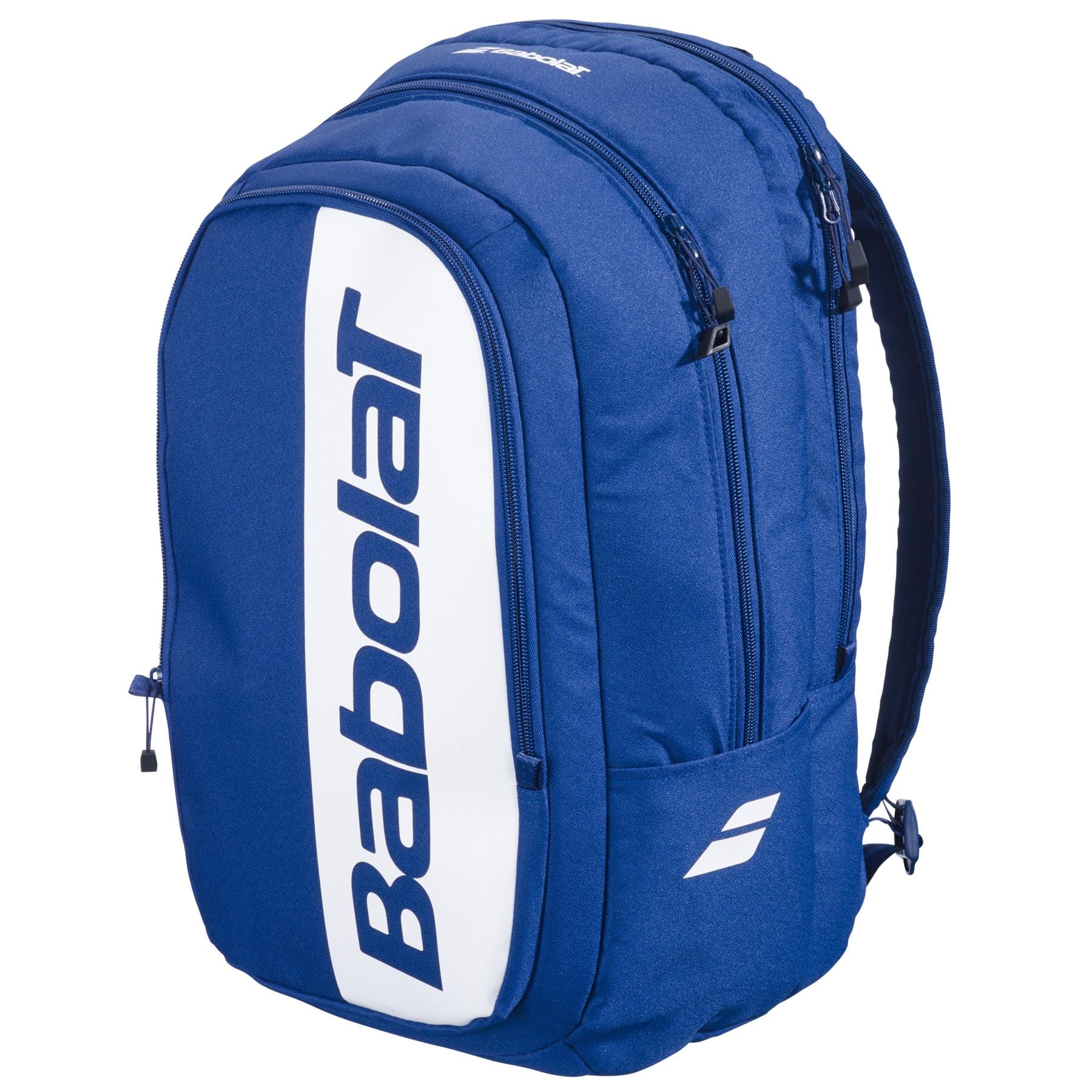 The Babolat Court Hero Badminton Backpack - Dark Blue features black zippers, a white panel with bold Babolat branding, an extra small logo on the lower right pocket, and is made from recycled PET materials.