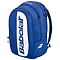 The Babolat Court Hero Badminton Backpack - Dark Blue features black zippers, a white panel with bold Babolat branding, an extra small logo on the lower right pocket, and is made from recycled PET materials.