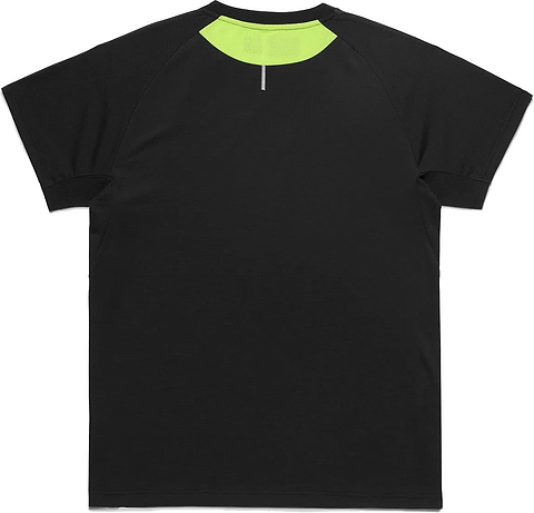 The Yonex 10711YX Crew Neck Men’s Badminton T-Shirt in black is shown from the back, featuring a neon yellow accent at the upper neckline and a small vertical gray line below the collar, making it perfect for badminton performance.