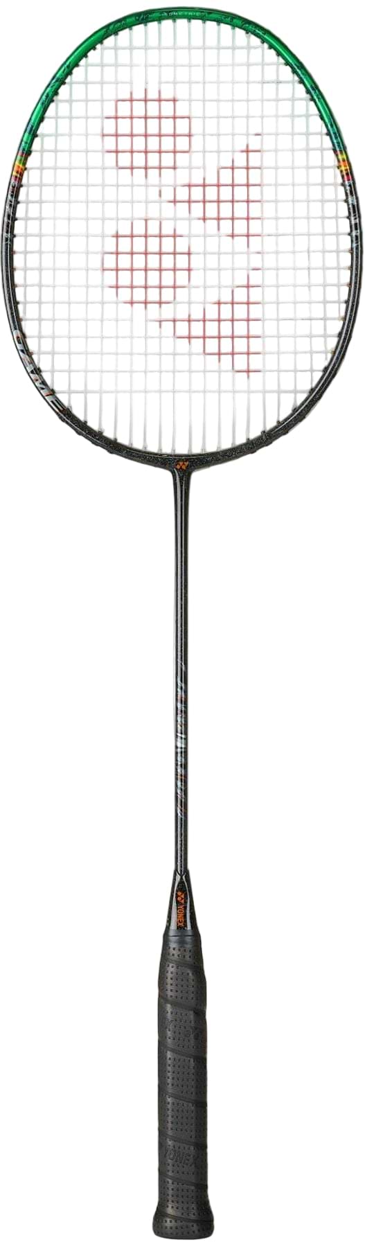 The Yonex Astrox 99 Game 4U Badminton Racket in Black/Green features a black frame with green accents, a black grip, and a dynamic red geometric string design, enhanced by the Rotational Generator System for top performance.
