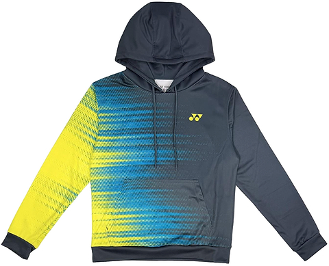 The Yonex YHD2025 Unisex Badminton Hoodie in teal/lime features a front pocket, gradient dotted design on the left side and sleeve, a small lime logo on the chest, and comfortable Poly-Tech Knit fabric for performance.