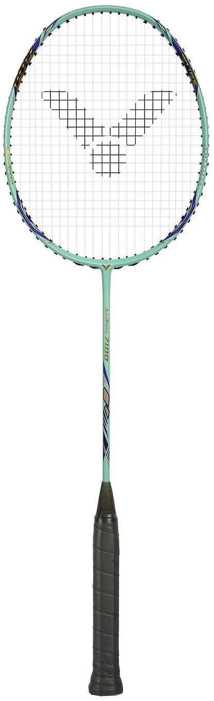 The Victor Auraspeed 7100 4U Badminton Racket in teal features a black grip, logo design on the strings, and is crafted from high resilience graphite. Shown on a white background.