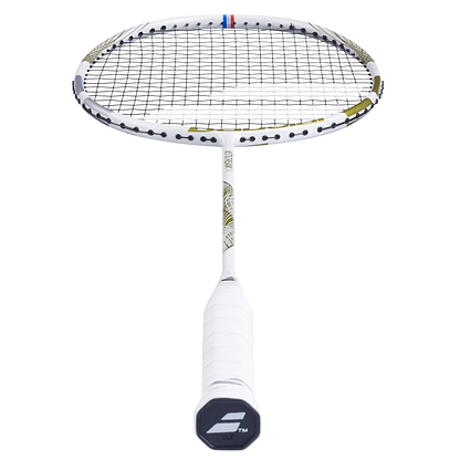 The Babolat Jetstream 74 6U Badminton Racket offers easy handling with its ultra-lightweight design. It features a white frame with gold accents, a black grip, and a patterned shaft. The racket head has blue and red string accents at the top, while the handle features the distinctive Babolat logo.