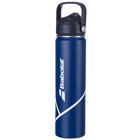 Introducing the Babolat Isothermal 750ml Water Bottle in blue—featuring a black flip-top lid with handle and a distinctive white diagonal design near the base.