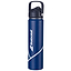 Introducing the Babolat Isothermal 750ml Water Bottle in blue—featuring a black flip-top lid with handle and a distinctive white diagonal design near the base.