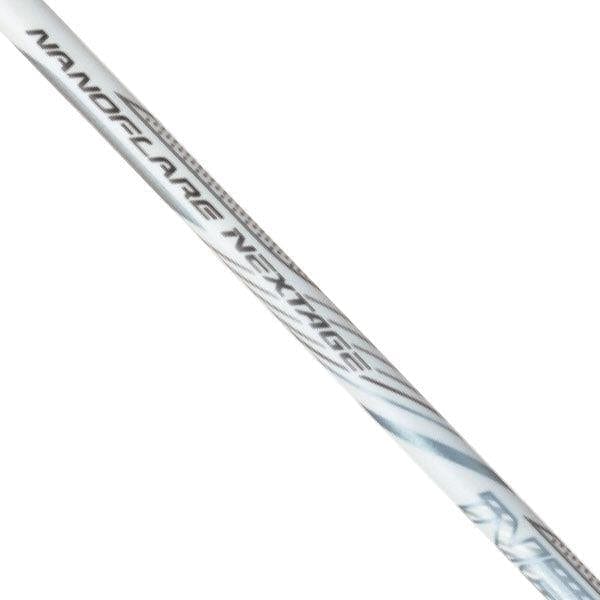 A close-up of the Yonex Nanoflare Nextage 4U Badminton Racket - White/Grey shows "NANOFLARE NEXTAGE" in silver on the shaft, with subtle light grey abstract patterns. This Yonex racket is ideal for intermediate players.