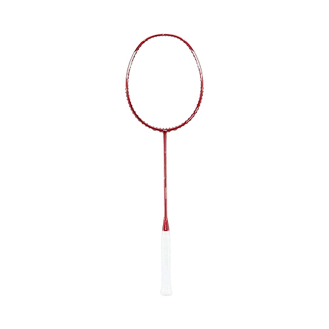 A Li-Ning Axforce Cannon Pro 4U badminton racket in red, equipped with a white grip and the HDF Shock Absorption System, set against a white background.