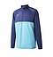 Introducing the Yonex YML123 Unisex Badminton Zip Midlayer, crafted with anti-snag fabric. This long-sleeve athletic pullover features a stylish quarter-zip design in navy, silver, and sky color blocks. It has a small logo on the left chest and comes with a high collar for added flair. Enjoy its comfortable and relaxed fit during your game.