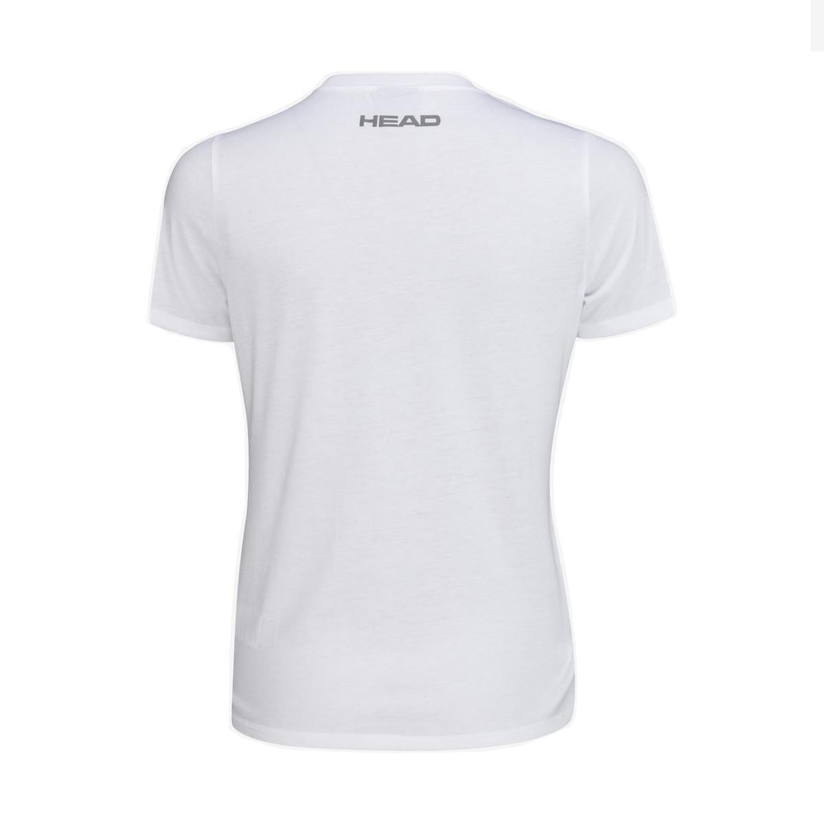 A rear view of the HEAD Women's Club Basic Badminton T-Shirt in a soft polyester cotton blend features short sleeves. The word "HEAD" is printed in black near the neckline, offering a sleek and simple look without any extra designs or graphics.