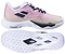 The Babolat Shadow Tour 5 Womens Badminton Shoes in pink and green feature a textured white sole with black geometric cutouts for superior indoor court grip, shown from the side and bottom, with black laces and the Babolat logo.