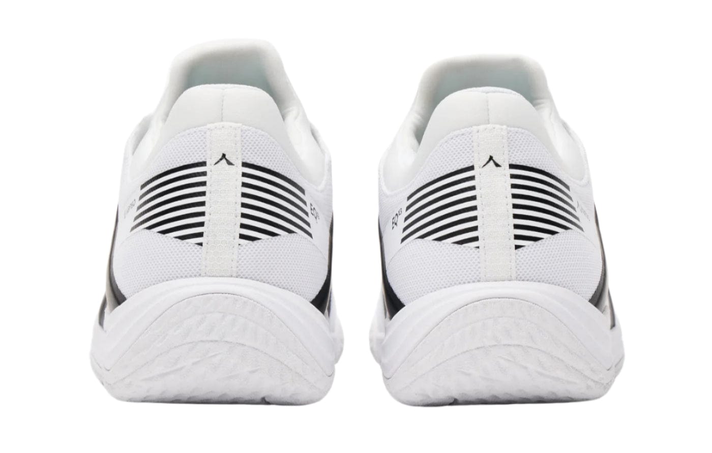 The Kanso Equilibrium EQx3 Unisex Badminton Shoes in white/black feature a rear view with black heel stripes, textured soles, and Speedlight Foam for enhanced shock absorption, ensuring optimal comfort and performance.