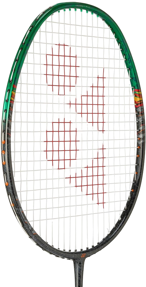 A close-up of the Yonex Astrox 99 Play 4U Badminton Racket in black and green, featuring red strings in a geometric pattern on the racket head.
