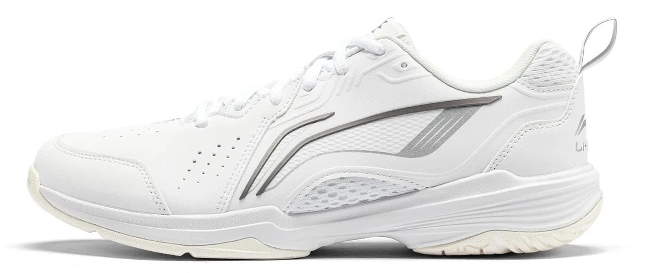 The Li-Ning Almighty V2.0 Unisex Badminton Shoes in white feature subtle gray accents, a textured sole, breathable mesh panels, and a heel pull-tab, as seen in the side view against a white background.