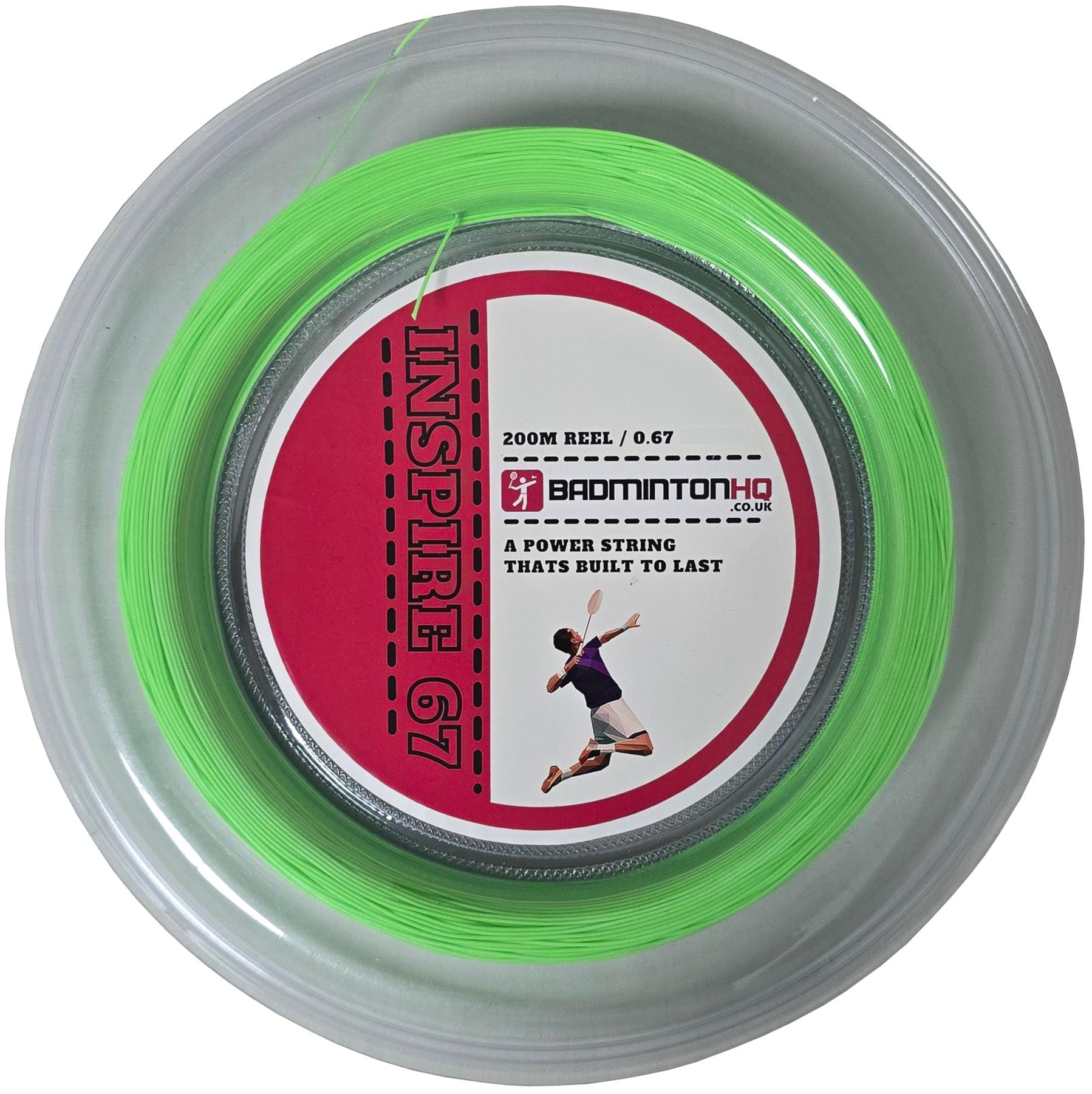 The BadmintonHQ Inspire 67 Zoom 200m reel is a neon green, durable, nylon multifilament power badminton string with a 0.67mm gauge featuring a player logo, designed to enhance court performance.