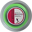 The BadmintonHQ Inspire 67 Zoom 200m reel is a neon green, durable, nylon multifilament power badminton string with a 0.67mm gauge featuring a player logo, designed to enhance court performance.