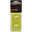 This set of two HEAD 2.5" Badminton Wristbands in lime, featuring the brand "HEAD" and its symbol on the packaging, is designed for superior sweat absorption and elasticity. They are attractively displayed in a clear plastic wrap.