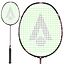 The Karakal BN-60 Fast Fibre Badminton Racket, available in a black and red color scheme, features a lightweight design with a striking green string pattern forming a large "A" at its core. Constructed with Fast Fibre Carbon Gel, it includes a black grip handle. The provided image showcases both the entire racket and an enlarged view of its head.