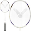 The Victor Auraspeed 7100 4U Badminton Racket in white features a black grip and purple-gold accents, with close-up views of its string pattern and central logo—ideal for beginners. Brand: Victor.