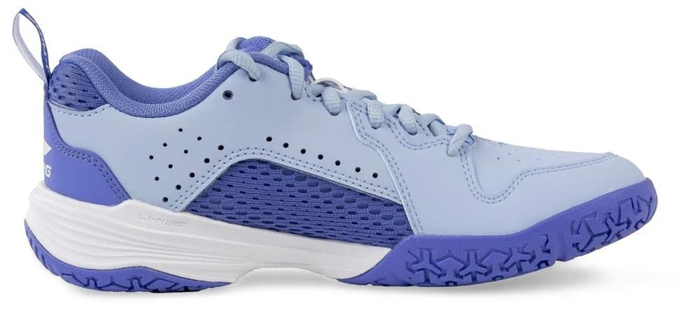 The Li-Ning Almighty V2.0 Unisex Badminton Shoes in Lilac/White feature a breathable, flexible design with purple mesh accents, a white midsole, textured purple outsole, and heel pull tab—perfect for sports enthusiasts.