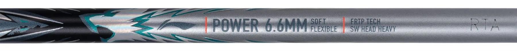 Close-up of the Li-Ning Axforce 70 5U Badminton Racket (Black/Silver) shaft with blue-silver flame graphics, labeled "POWER & MAIN," "SOFT FLEXIBLE," and "FERRITECH SHAFTED TECHNOLOGY," featuring Wing Stabiliser tech.