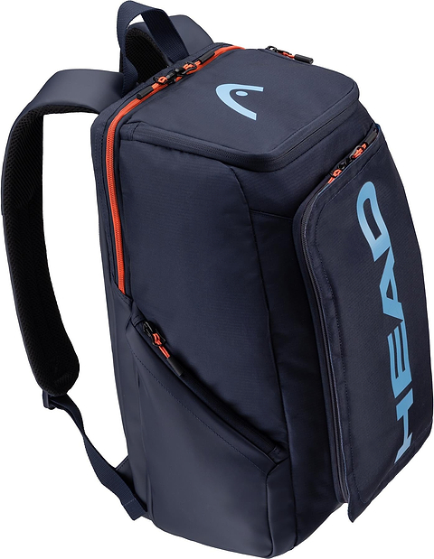 The HEAD Pro 28L Badminton Backpack - Navy features padded shoulder straps, multiple zippered compartments including a racket compartment with orange accents, and the blue HEAD logo on the front pocket.