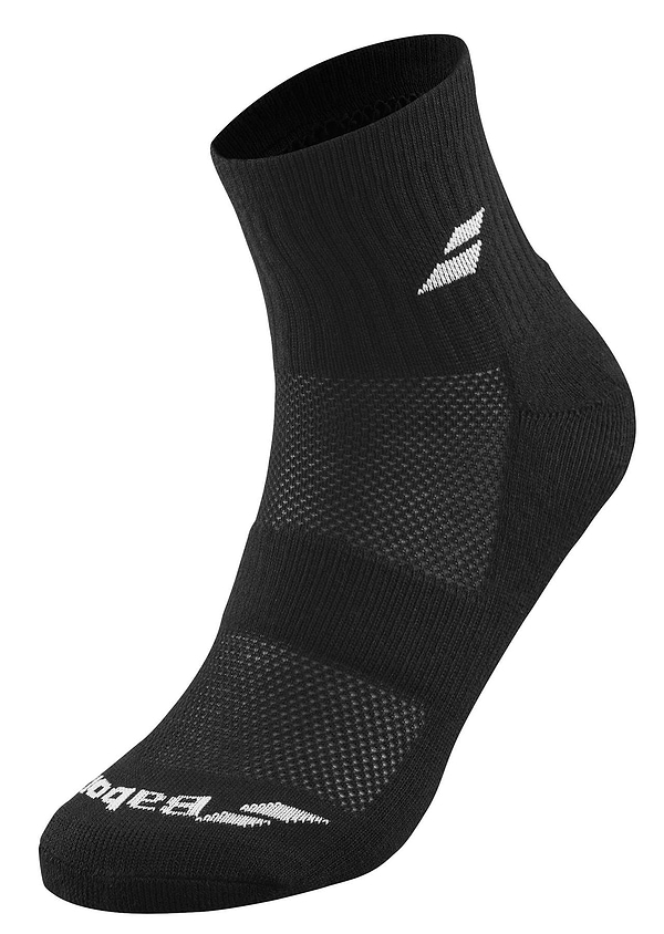 The Babolat Quarter 3 Pack Badminton Socks in black provide comfort and support with ribbed ankles and ventilated zones. They feature a small white logo on the side and another on the toe section, making them ideal for sports or active wear.