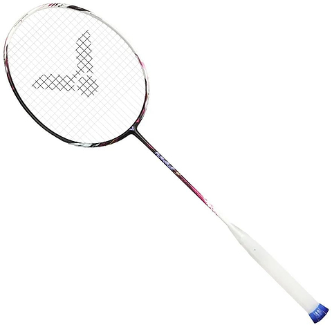 The Victor Auraspeed Fantôme AF 4U Badminton Racket - Black by Victor features a white grip, black and red shaft, round head with string grid, and Nano Aerogel technology for enhanced durability and performance.