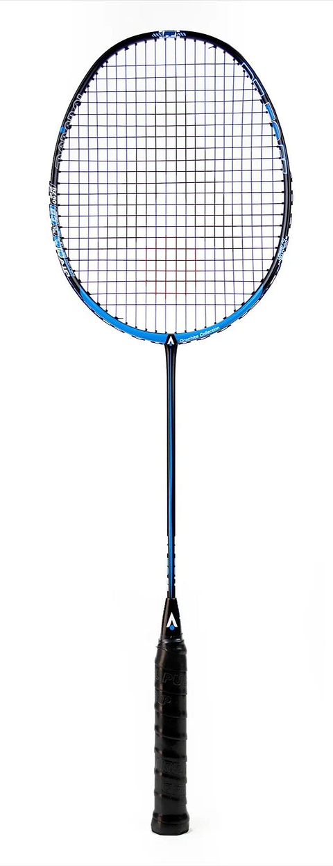 The Karakal Black Zone BZ 50 2.1 badminton racket features Fast Fibre Graphite construction with a black and blue design. It has an isometric square head for better accuracy, a grid-like string pattern, and a black handle with grip on a plain white background.