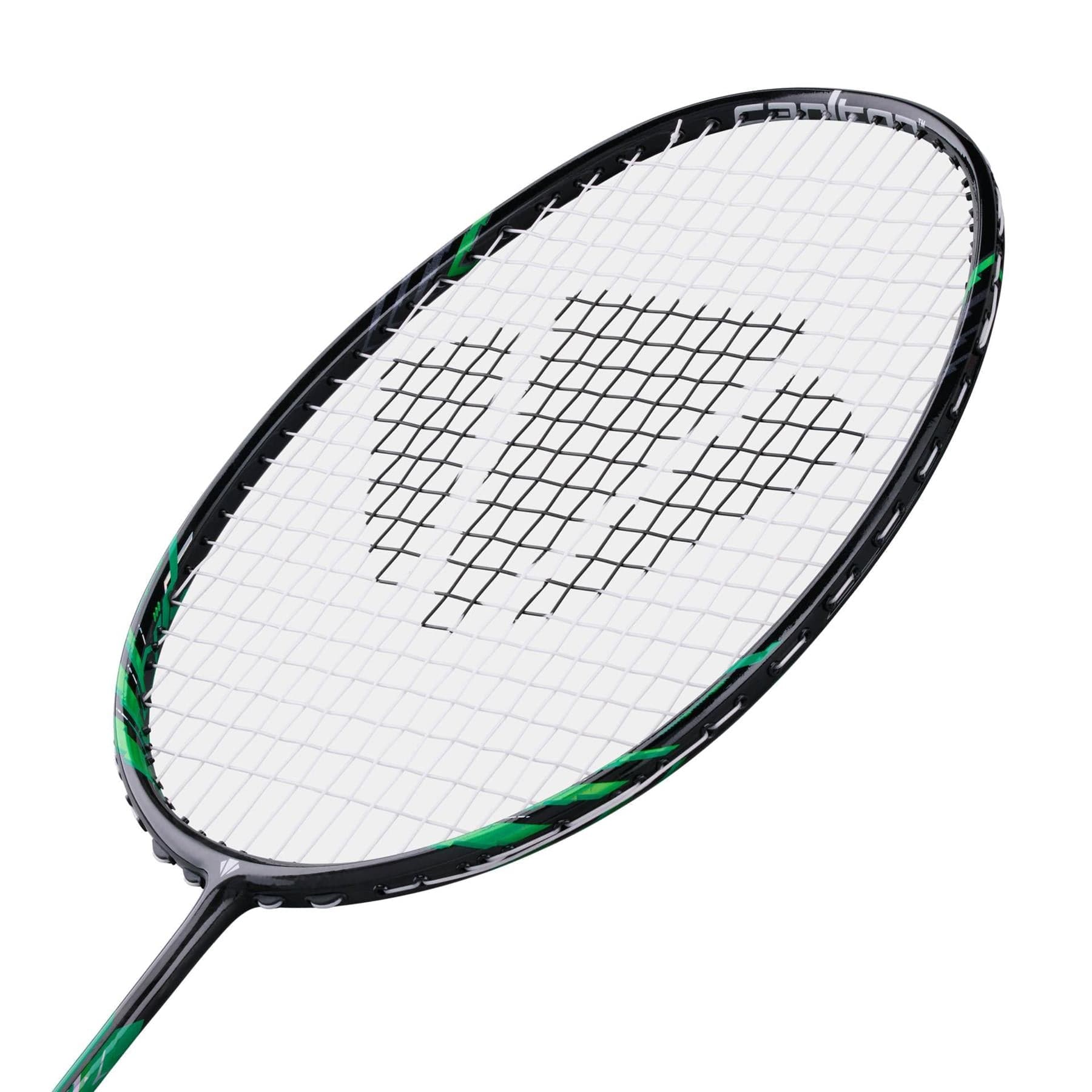 A close-up of the Carlton GP-X 78 5U Badminton Racket by Carlton, featuring a black frame with green accents and white strings, crafted from Japanese High Modulus Graphite for durability and a head heavy balance.
