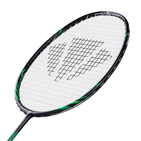 A close-up of the Carlton GP-X 78 5U Badminton Racket by Carlton, featuring a black frame with green accents and white strings, crafted from Japanese High Modulus Graphite for durability and a head heavy balance.