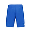 The Le Coq Sportif Pro Men's Badminton Shorts in Lapis Blue showcase an elastic waistband and a back view. Made from breathable fabric to keep you dry, the shorts display a small white rooster logo along with "le coq sportif" on the lower right leg.