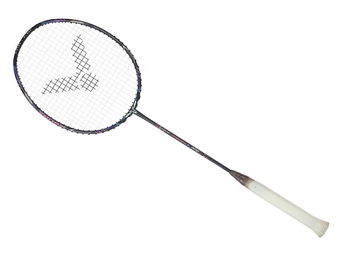 The Victor Thruster Ryuga II Pro 4U badminton racket by Victor features a Mazarine Blue frame with a white grip and a distinctive logo on the strings, elegantly angled to the left against a plain white background.