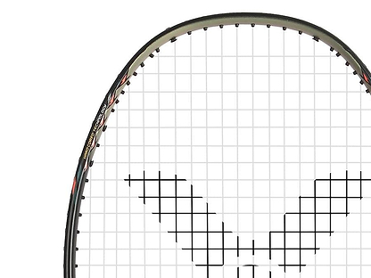 Close-up of the top half of the Victor Thruster Raptor C 4U Badminton Racket by Victor in black and gold, highlighting its "V" string pattern. This attack-oriented racket features Nano Tec technology. The background is plain white.