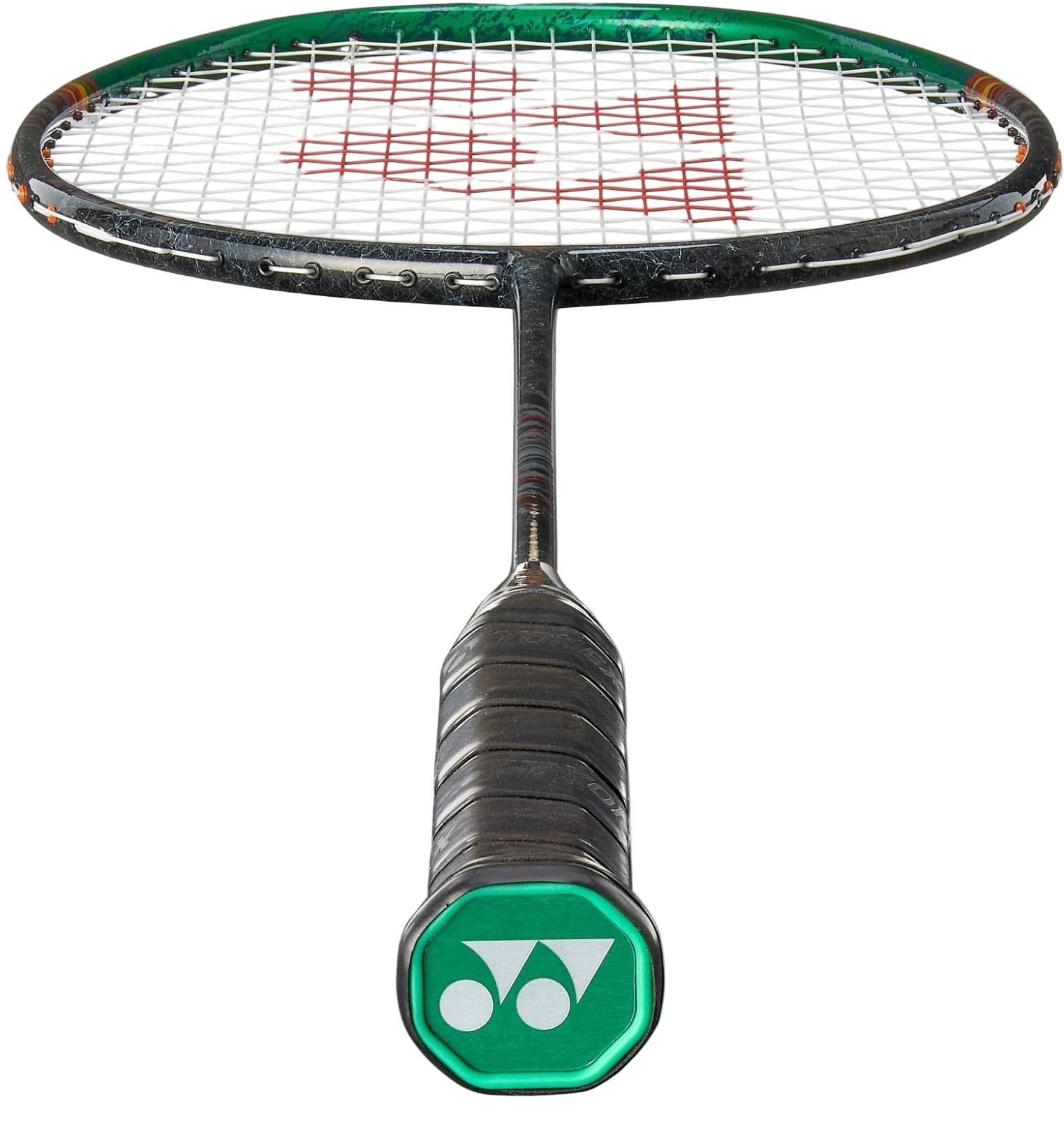 A close-up of the Yonex Astrox 99 Play 4U Badminton Racket in Black/Green, showing the handle with Yonex branding and strings, set against a white background.
