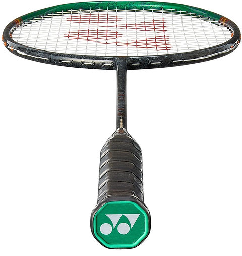 A close-up of the Yonex Astrox 99 Play 4U Badminton Racket in Black/Green, showing the handle with Yonex branding and strings, set against a white background.