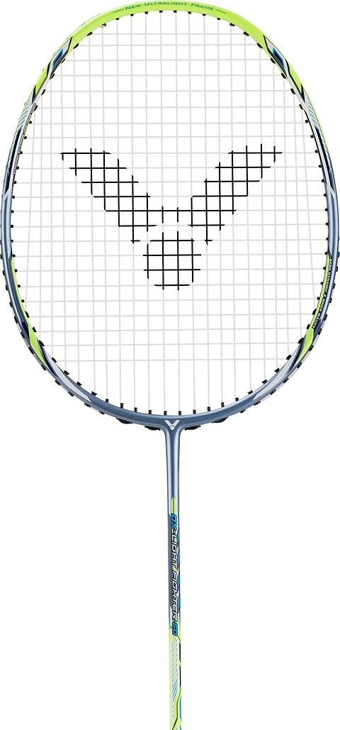 The Victor DriveX Light Fighter 60 E badminton racket from Victor features a bold green and black color scheme. Its aerodynamic frame enhances performance, with strings creating a unique pattern, while the shaft displays blue and green details for an ideal head-heavy balance.
