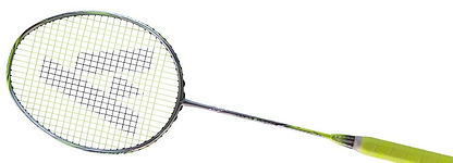 The Ashaway Phantom Shard 4 4U Badminton Racket - Yellow boasts exclusive Shardtech technology with grid-patterned strings and a vibrant yellow handle grip for precision and comfort on the court.