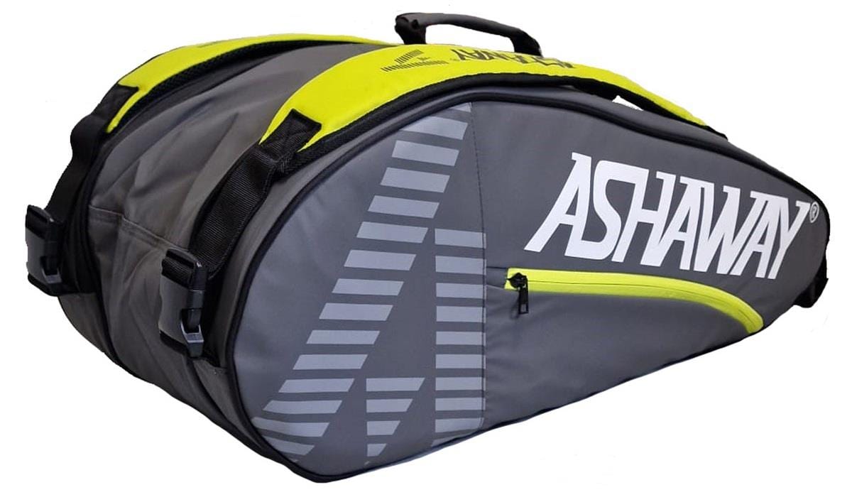 The Ashaway ATB871 Double Thermo 6 Racket Badminton Bag in grey/yellow features large white "Ashaway" branding, black straps, and a zippered compartment for secure racket storage.