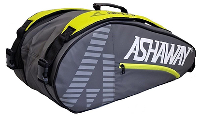 The Ashaway ATB871 Double Thermo 6 Racket Badminton Bag in grey/yellow features large white "Ashaway" branding, black straps, and a zippered compartment for secure racket storage.