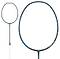 The Li-Ning Axforce 10 5U Badminton Racket - Indigo (Unstrung) features a black frame with blue and green accents, a white grip, and an oval head on the right. Its head-heavy balance by Li-Ning delivers powerful shots.