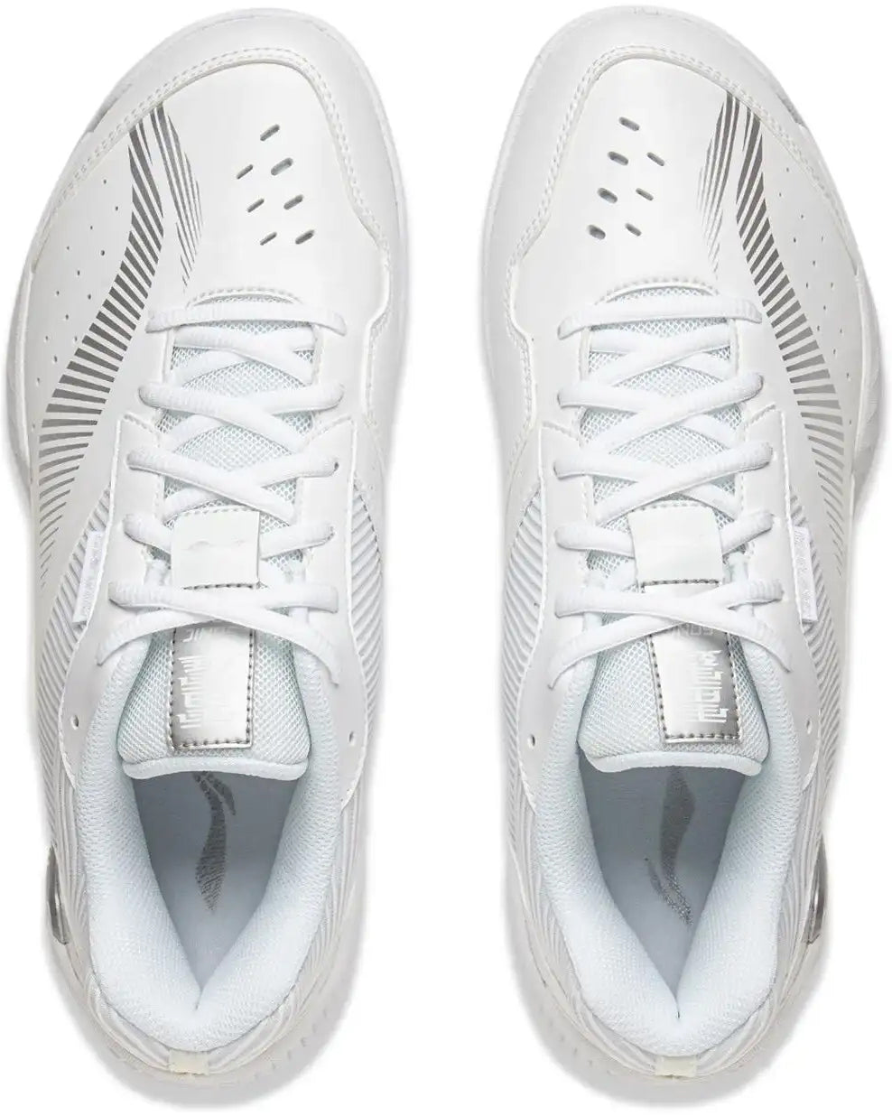 The Li-Ning Sonic Boom Unisex Badminton Shoes in white feature subtle gray accents, patterned side details, and white laces, offering stability and protection for indoor courts.