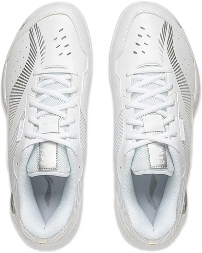 The Li-Ning Sonic Boom Unisex Badminton Shoes in white feature subtle gray accents, patterned side details, and white laces, offering stability and protection for indoor courts.