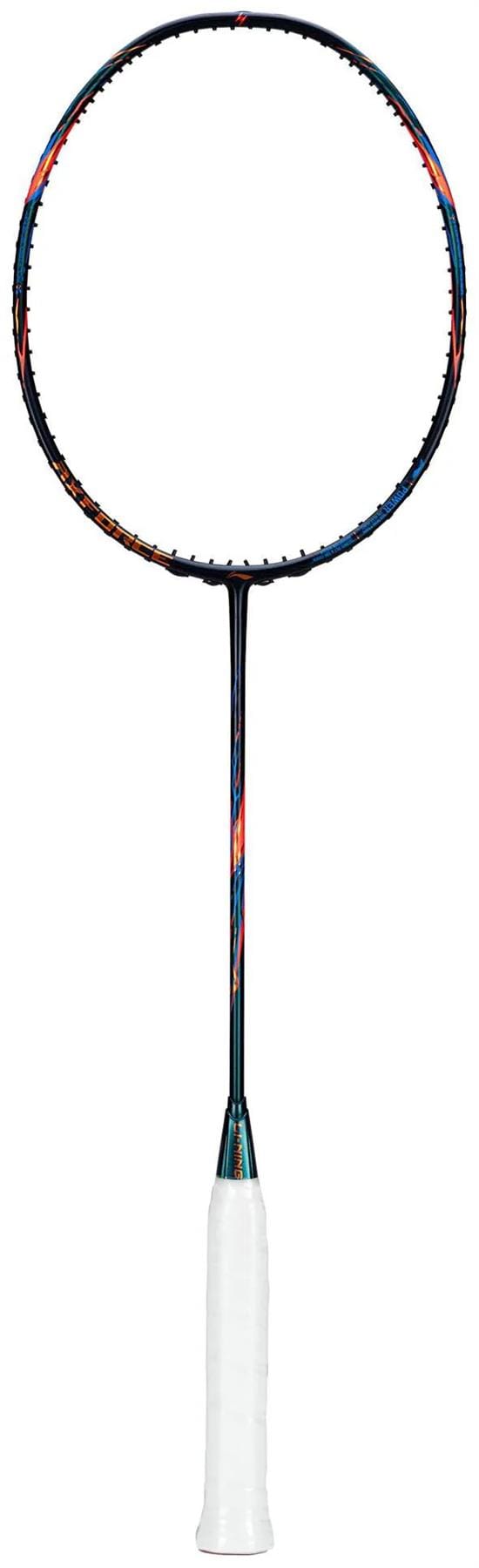 The Li-Ning Axforce 90 5U Badminton Racket features a carbon fibre build with a black and blue frame, red accents, and a white grip handle for superior aerodynamics. Brand: Li-Ning. Perfect against a white background.