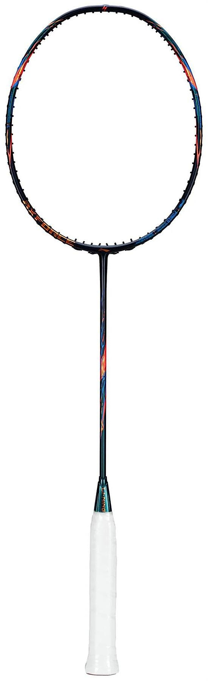 The Li-Ning Axforce 90 5U Badminton Racket features a carbon fibre build with a black and blue frame, red accents, and a white grip handle for superior aerodynamics. Brand: Li-Ning. Perfect against a white background.