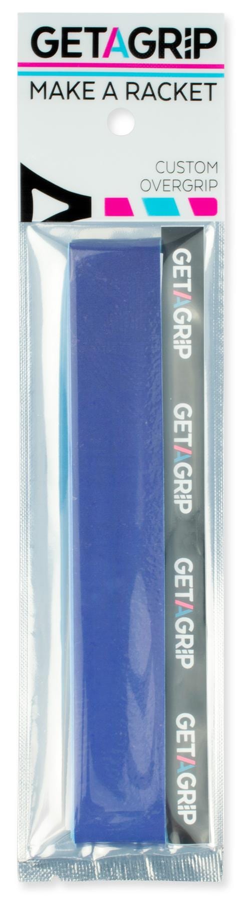 The Get a Grip Badminton Overgrip - Wavy by Get A Grip offers a premium non-slip grip and comes packaged in a clear plastic wrapper labeled "GET A GRIP MAKE A RACKET" with "CUSTOM OVERGRIP" above the product.