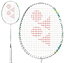 Two views of the Yonex Astrox 02 Feel 4U Badminton Racket by Yonex in white/green: one displays the full entry-level racket, while the other offers a close-up of its head, highlighting the design details.