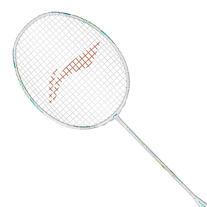 The Li-Ning Axforce 60 4UG5 Badminton Racket in white features a red curved design on the strings, Wing Stabiliser and FRTP technology, and is displayed on a white background.