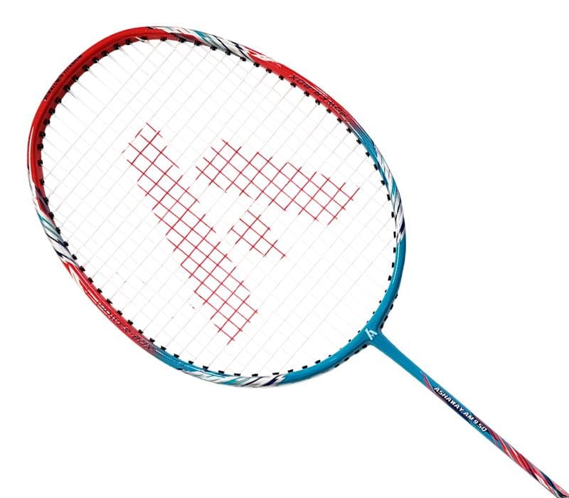 Introducing the Ashaway AM 9SQ Badminton Racket - Red / Turquoise, crafted by Ashaway. This racket showcases a striking design with red, white, and blue colors. It features a carbon shaft designed for superior power control and precision. The strings are adorned with a unique red logo pattern, while the frame beautifully incorporates both red and blue hues.